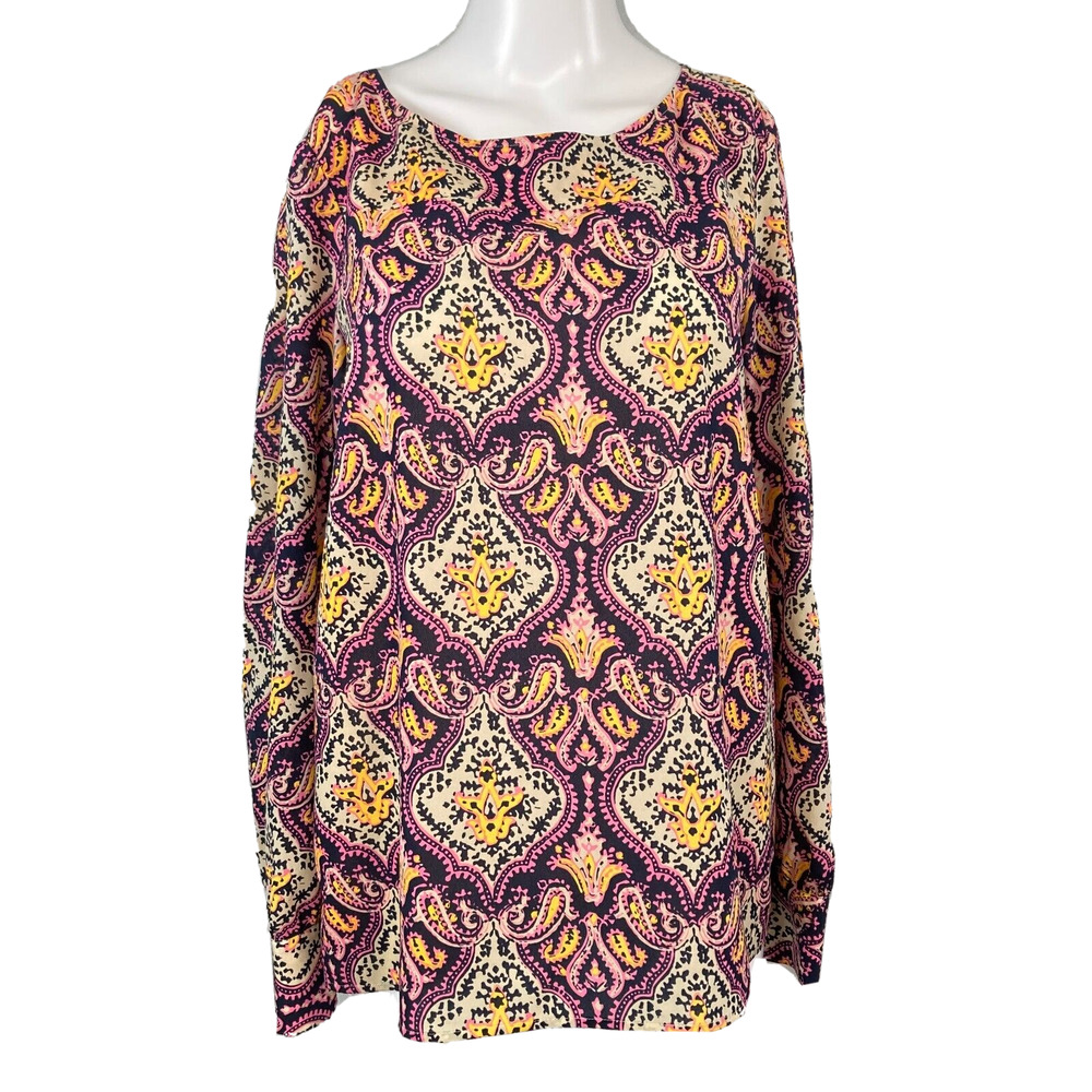 J. Crew Shirt Womens Sz M Navy Blue Pink Yellow Paisley Long Sleeve Pullover Top